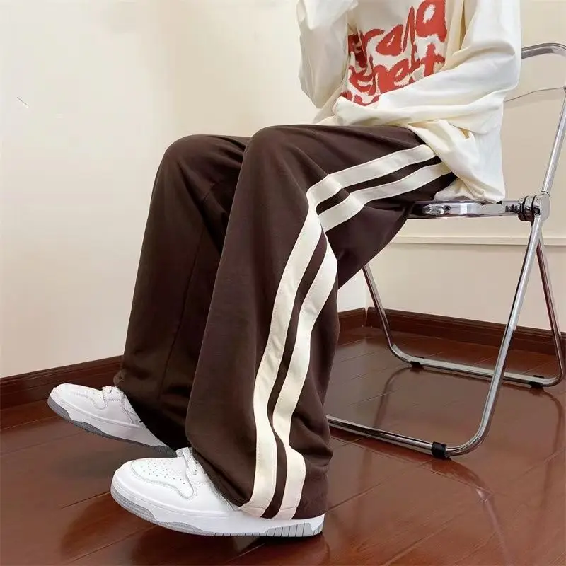 Trend Versatile Straight Sports Pants Men Patchwork Side Stripe Elastic Waist Drawstring Pocket Casual Student Wide Leg Trousers