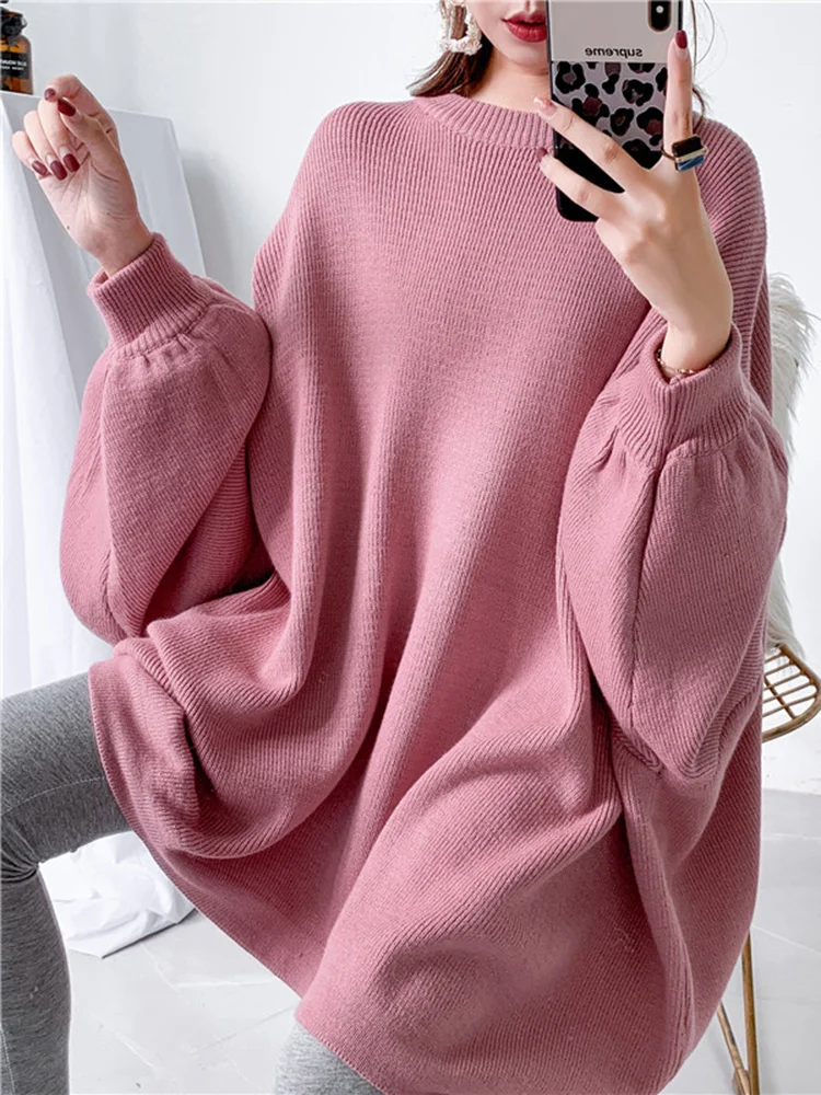 [EAM] Big Size Gray Knitting Sweater Loose Fit Round Neck Long Sleeve Women Pullovers New Fashion Autumn Winter 2024 1Y190