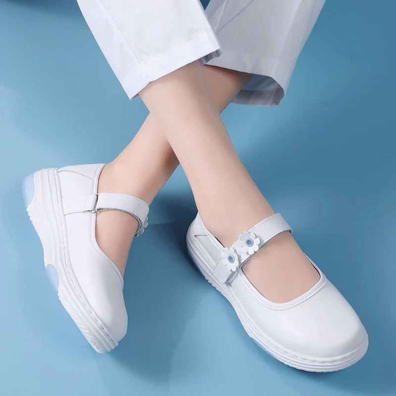 STRONGSHEN Genuine Leather Women Nurse Shoes Soft Soles Hollow Out Breathable Comfortable Non Slip Wedges White Ladies Loafers