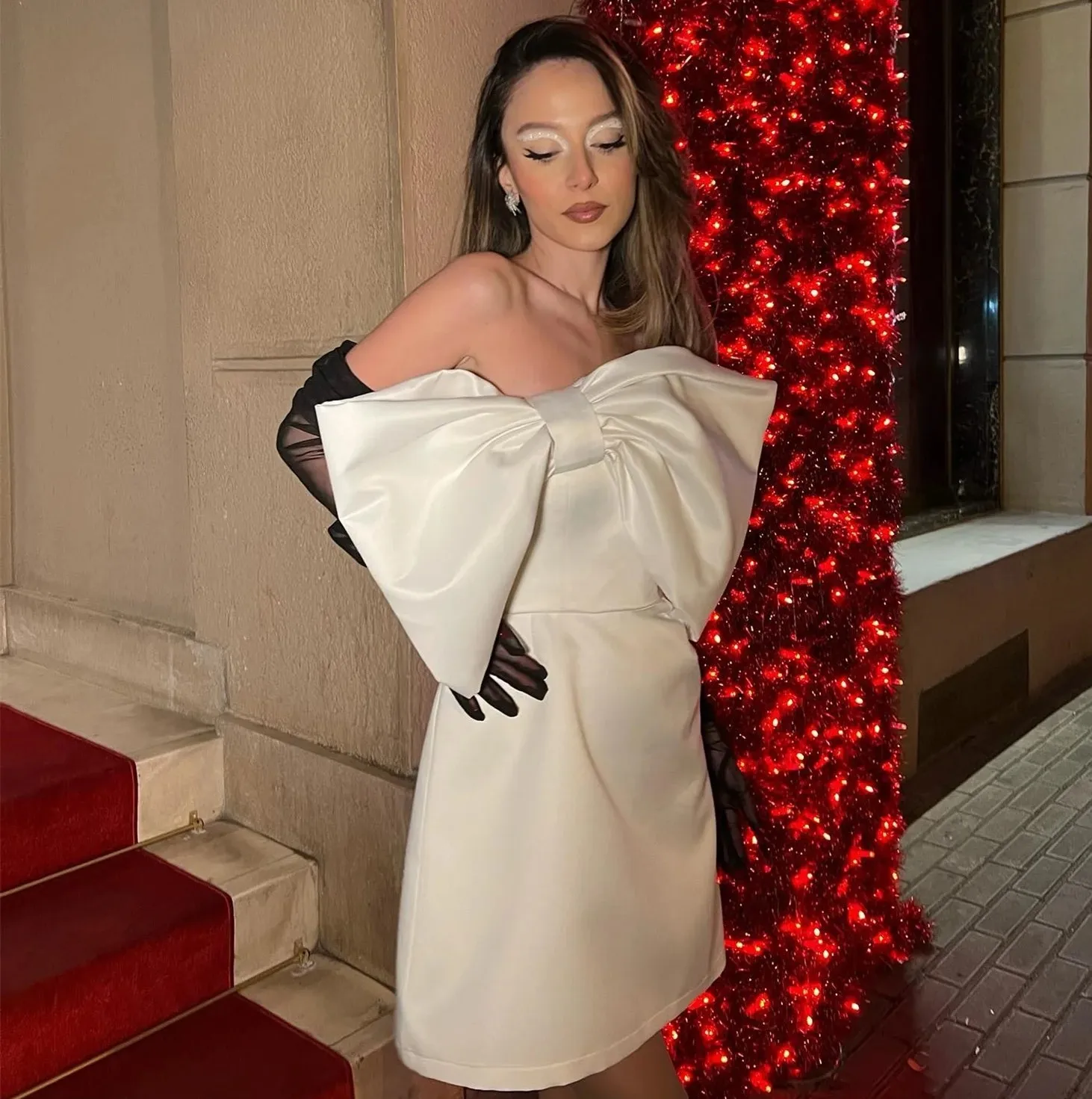 

Elegant Short Formal Evening Dress With Bow Straplss Lace Up Satin Prom Pageant Party Gowns Birthday Robe De Soiree Gala