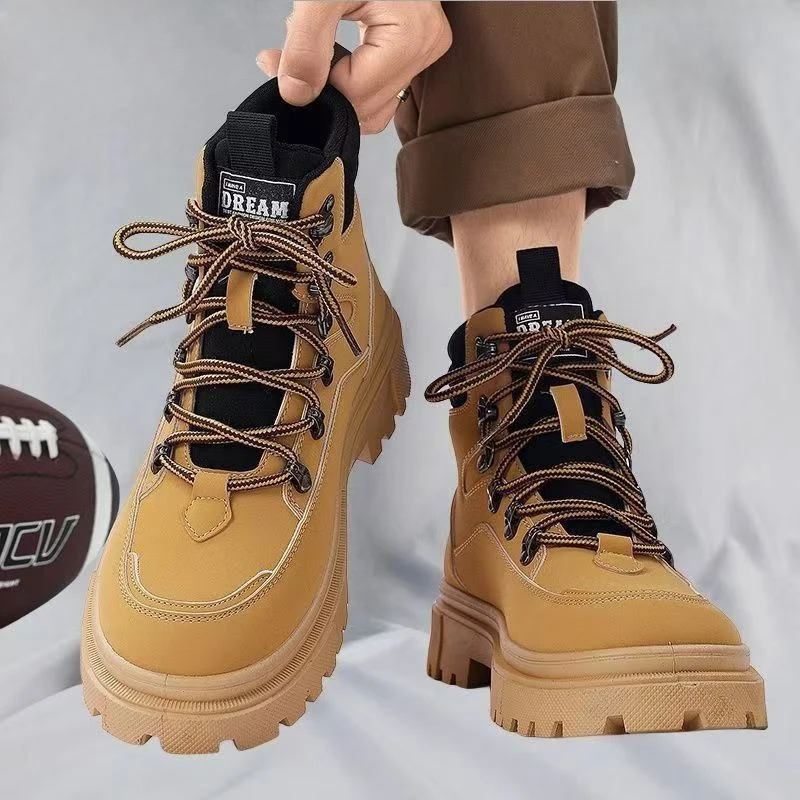 Men British Style Work Boots Chunky Thick Sole Height Increasing Water Repellent Outdoor Hiking Ankle Boots 2026 Spring New