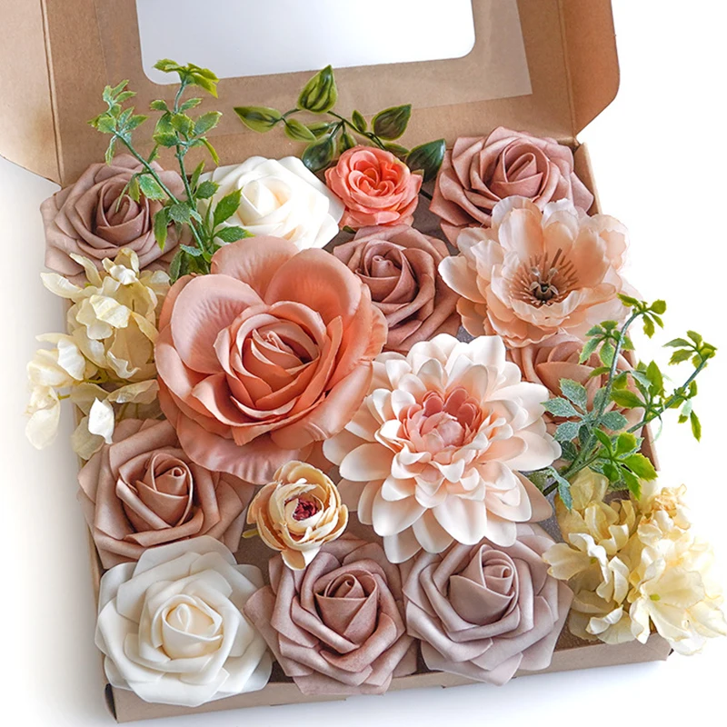 Yannew Artificial Silk Foam Flowers Combo Box Set Peach Pink with Stems for DIY Wedding Bouquets Party Centerpiece Decoration