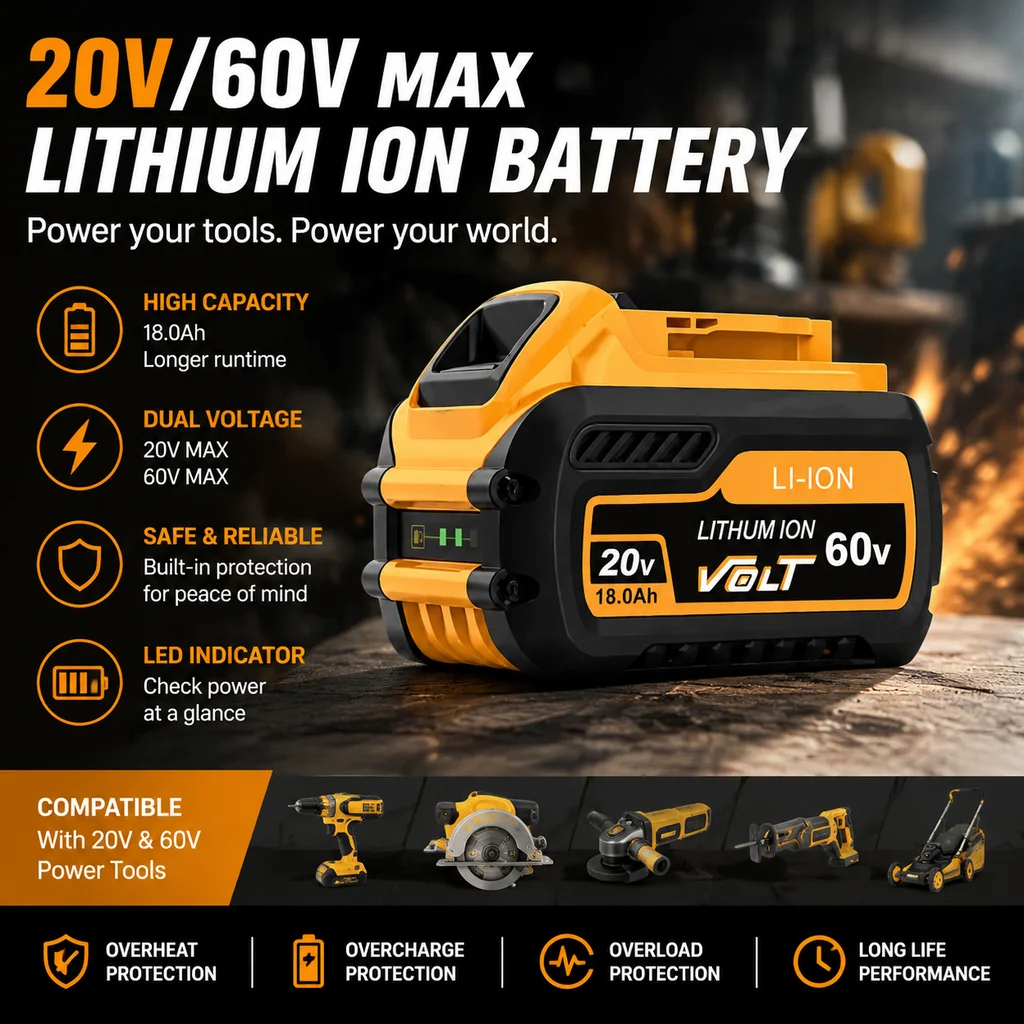 FlexVolt 18,0Ah 20V-60V Auto-Switch Lithium-Ionen-Akku, Hochleistungs-Ersatzakku für schwere Elektrowerkzeuge, Rasen- und Gartengeräte