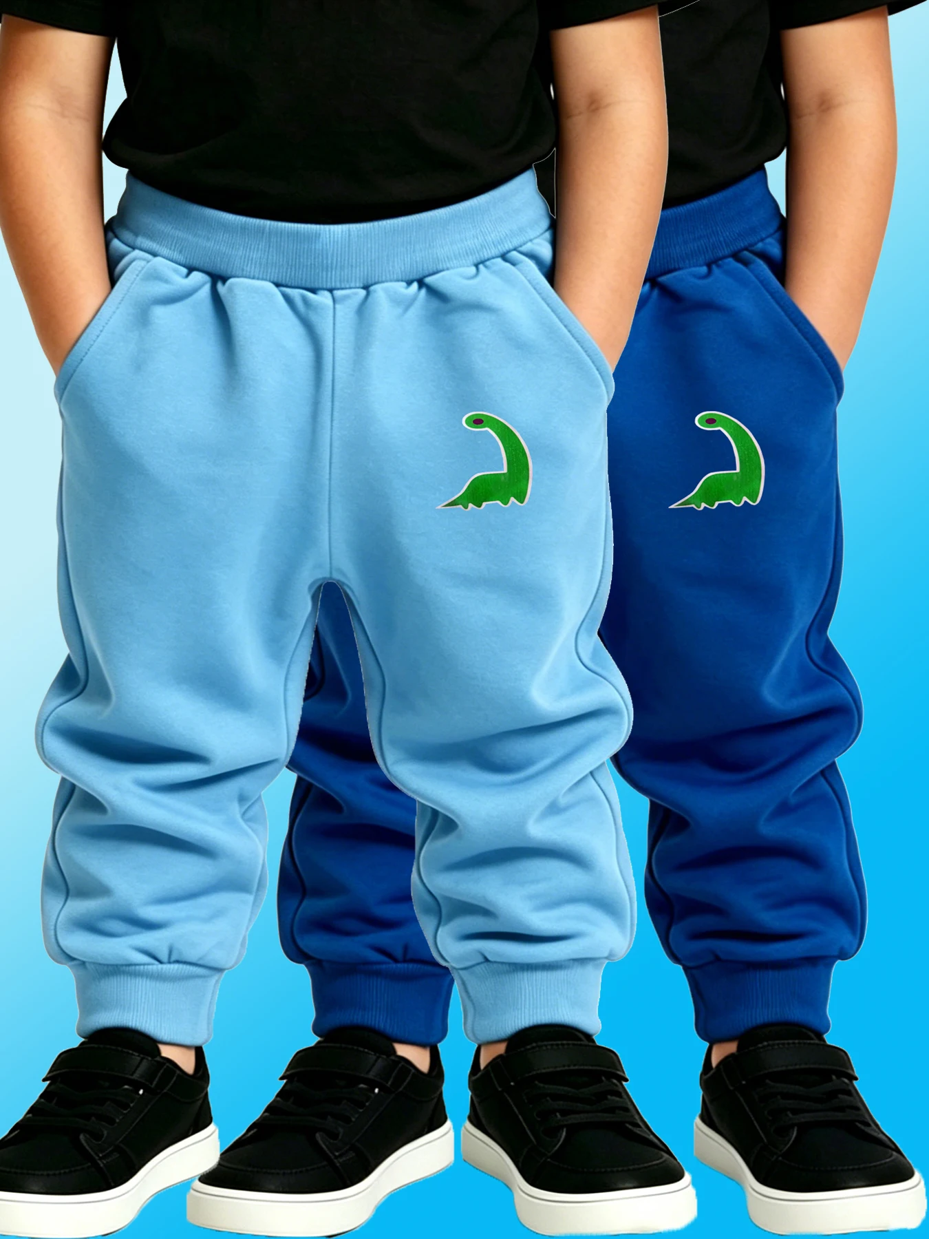 2PCS Kids Dinosaur Pattern Sweatpants Spring Thin Joggers Orange & Blue Boys Girls Classic Collocation Pants Daily Wear Trousers