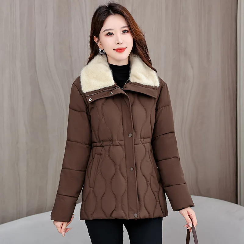 

Женский теплый пуховик с длинными рукавами, зимнее утепленное хлопковое пальто с завязками на талии, облегающее лоскутное повседневное пальто