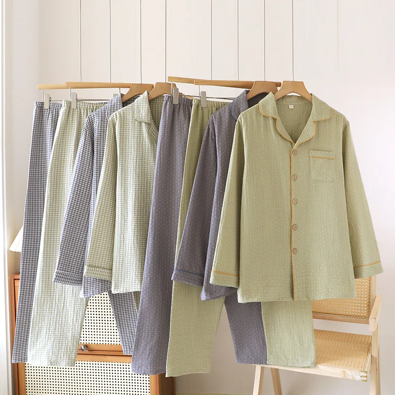 

Cotton Men's Trousers Pajamas Set Long Sleeve Label Collar Tops and Long Pants Checkered Design Pajama Suit for Home Wear