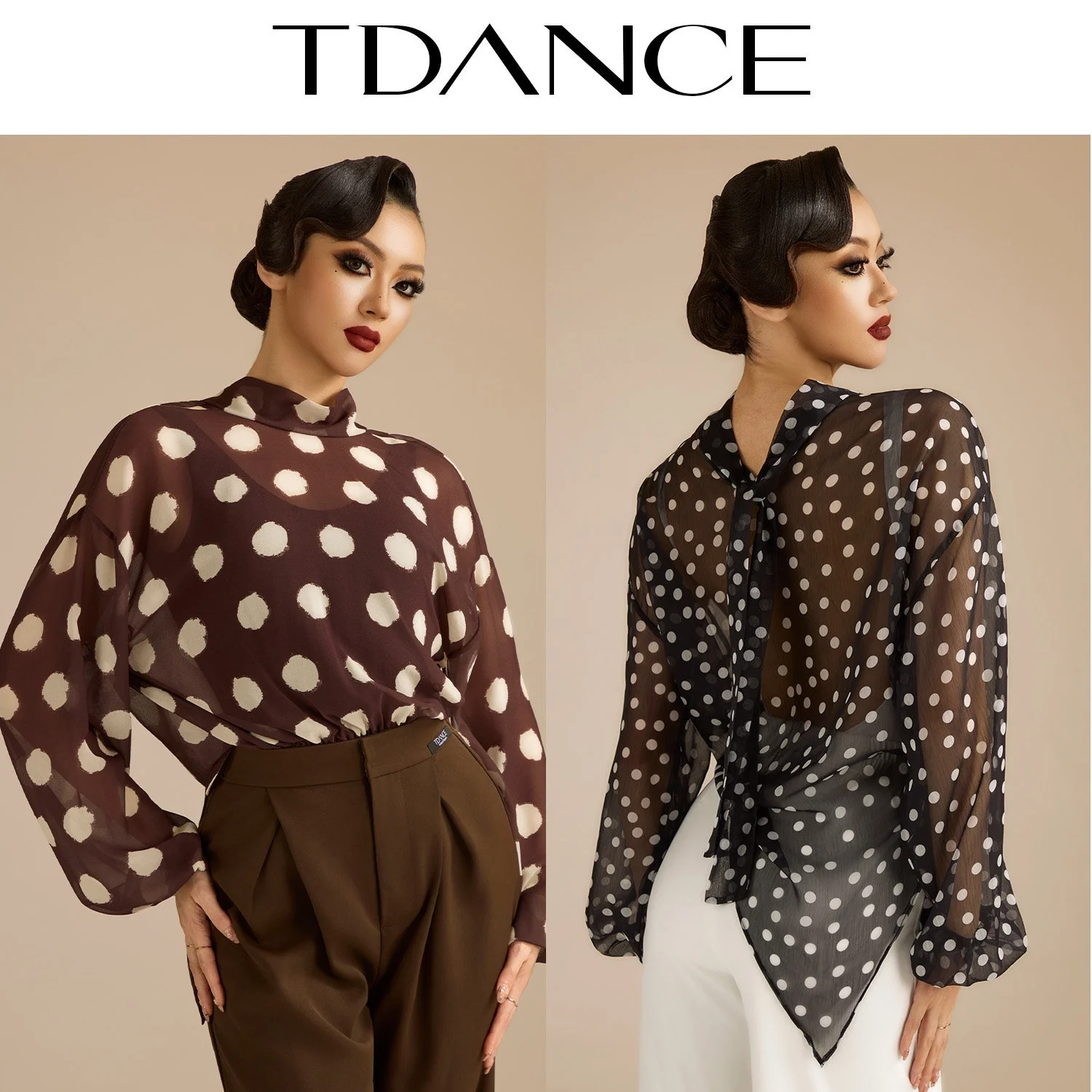 

2026 Polka Dot Mesh Lantern Sleeves Tops For Women Ballroom Dance Clothing Adult Rumba Latin Waltz Dance Practice Clothes SS5018