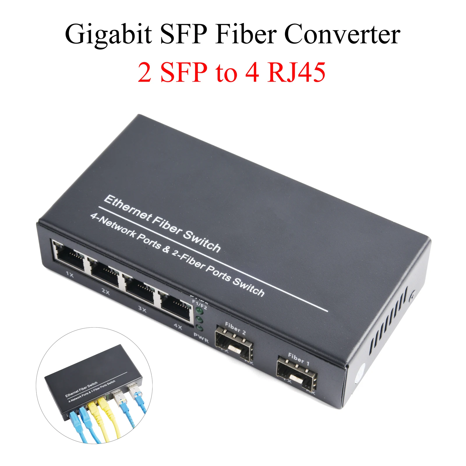 Convertidor de medios Gigabit SFP 2 SFP a 4 transceptor RJ45, interruptor de fibra óptica de 10/100/1000M con módulo LC/SC SFP de 3KM/20KM