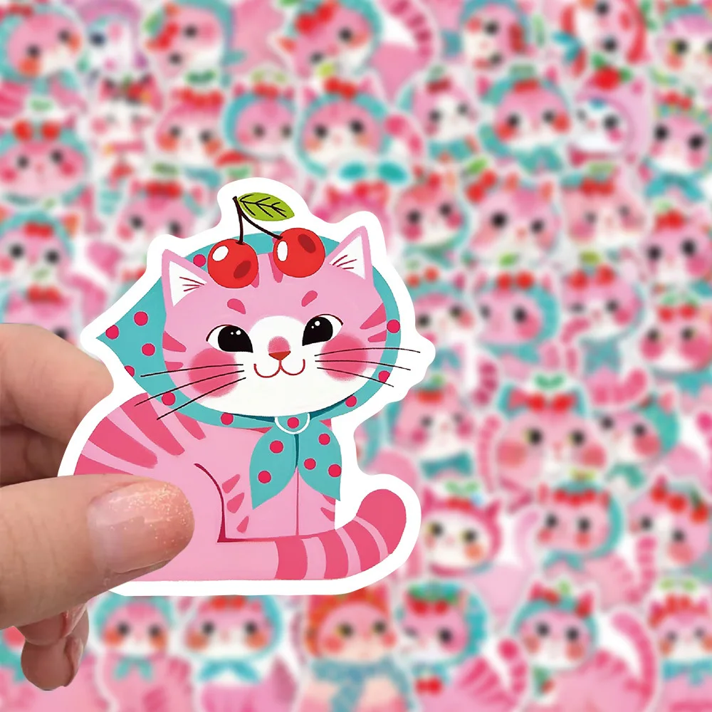 60PCS Kawaii Cartoon Pink Cherry Cat Waterproof Animals Sticker DIY Notebook Mobile Guitar Suitcase Water Cup Graffiti Toys
