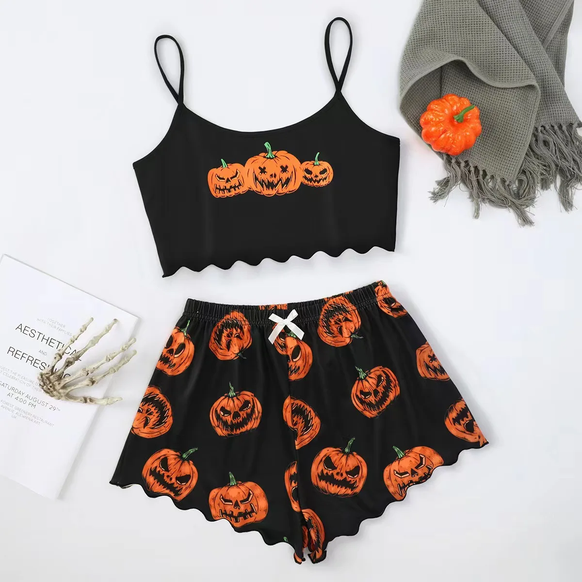 

Halloween Pumpkin Two Piece Sets Womens Outifits Summer 2025 Printed Sleeveless Camisole Top and Shorts Home Wear Pajamas Suit