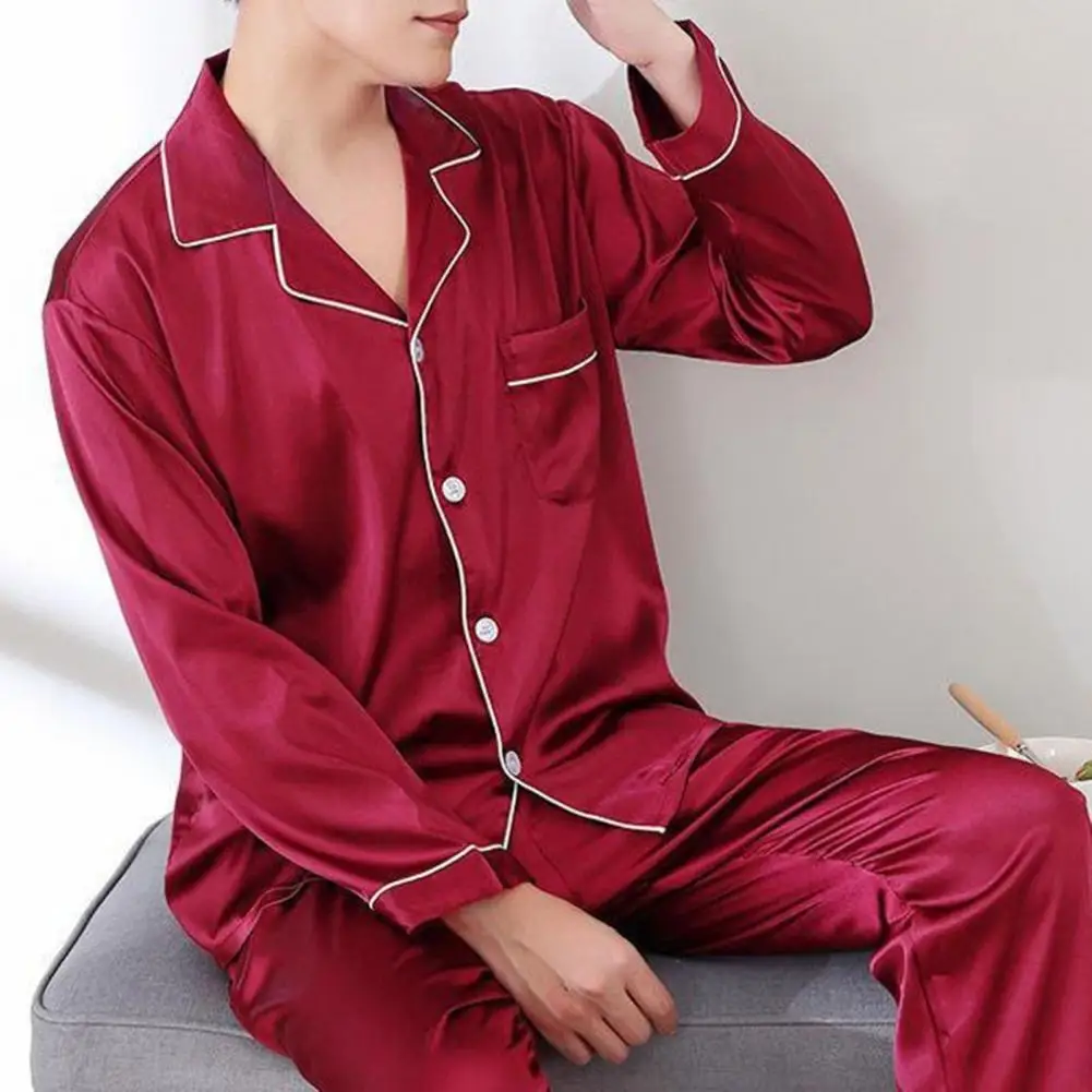 New Elegant Satin Men\'s Pajama Sets Long Button Sleepwear Male Sleeping Home Clothes Silk Night Wear Pijama Big Size Loungewear