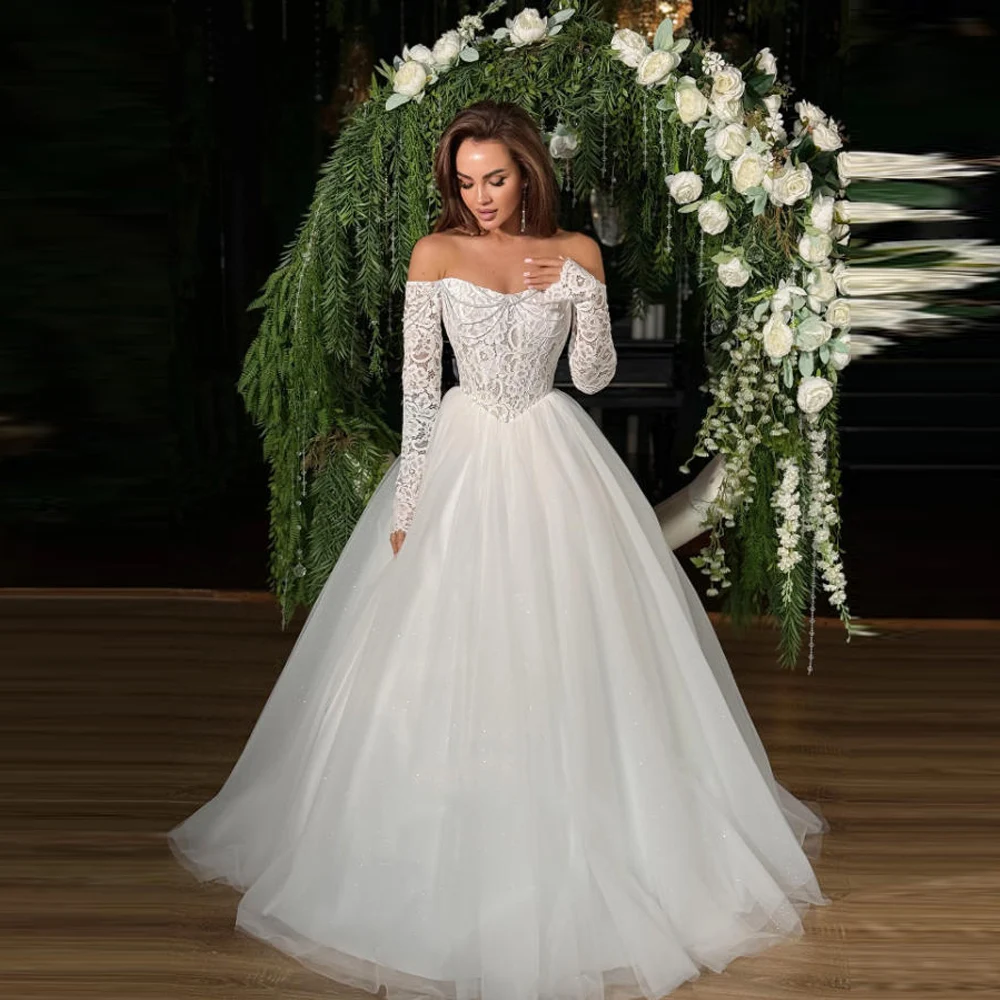 Mulheres elegantes vestidos de casamento elegante renda applique a linha tule vestidos de noiva noivado banquete vestidos de novias personalizado