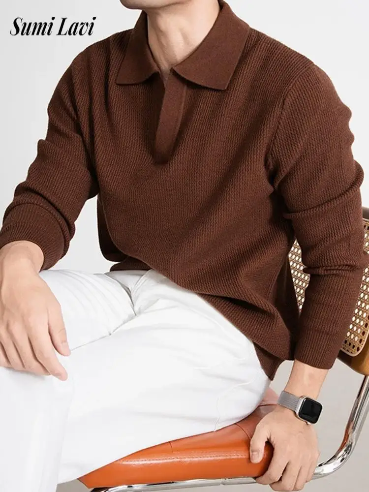 

Винтажные свитера с отложным воротником, мужские весенне-осенние уличные повседневные тонкие вязаные джемперы-поло, топы для мужчин, рубашки поло для отдыха