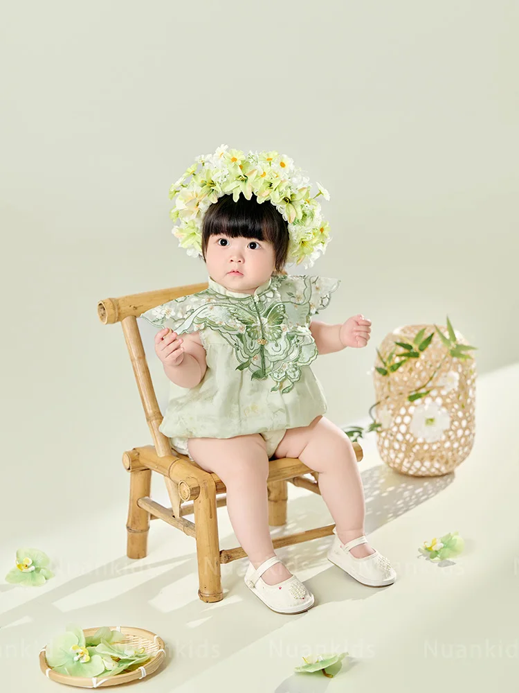 

1 Year Old Girls Green Printed Bodysuit Pretty Embroidered Phoenix Collar Shawl Photography Set Chinese Elements Style Costume