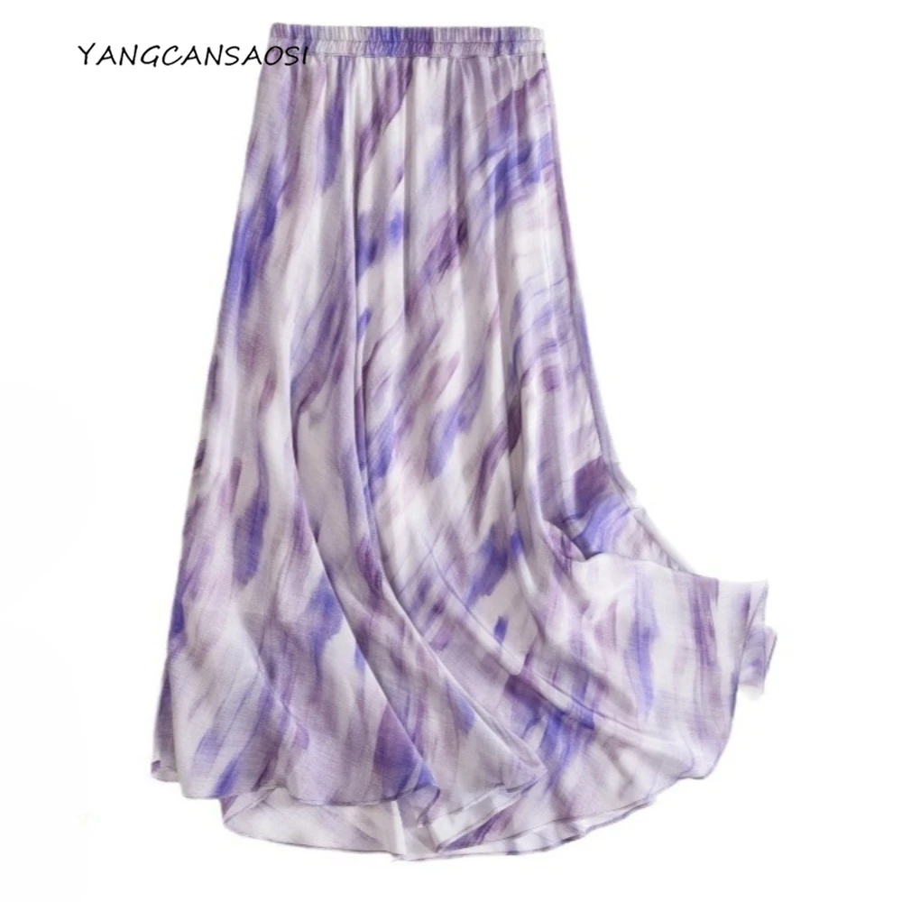 

2025 Women's Casual Clothing 3-meter Large Swing 100% Natural Mulberry Silk Purple Blending Diagonal Cut Double-layer Skirt