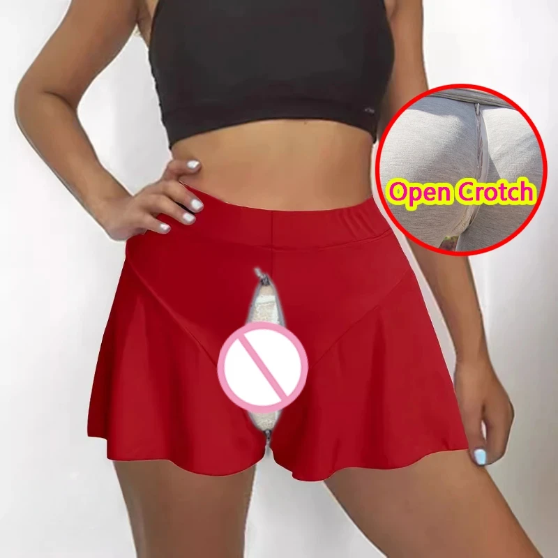 ผู้หญิงเปิด Crotch เซ็กซี่ Ruffled Edge ปลอมชุด Skinny Sporty กางเกงขาสั้นสาว Casual Bodyshapping Mini Leggings Crotchless Clubwear