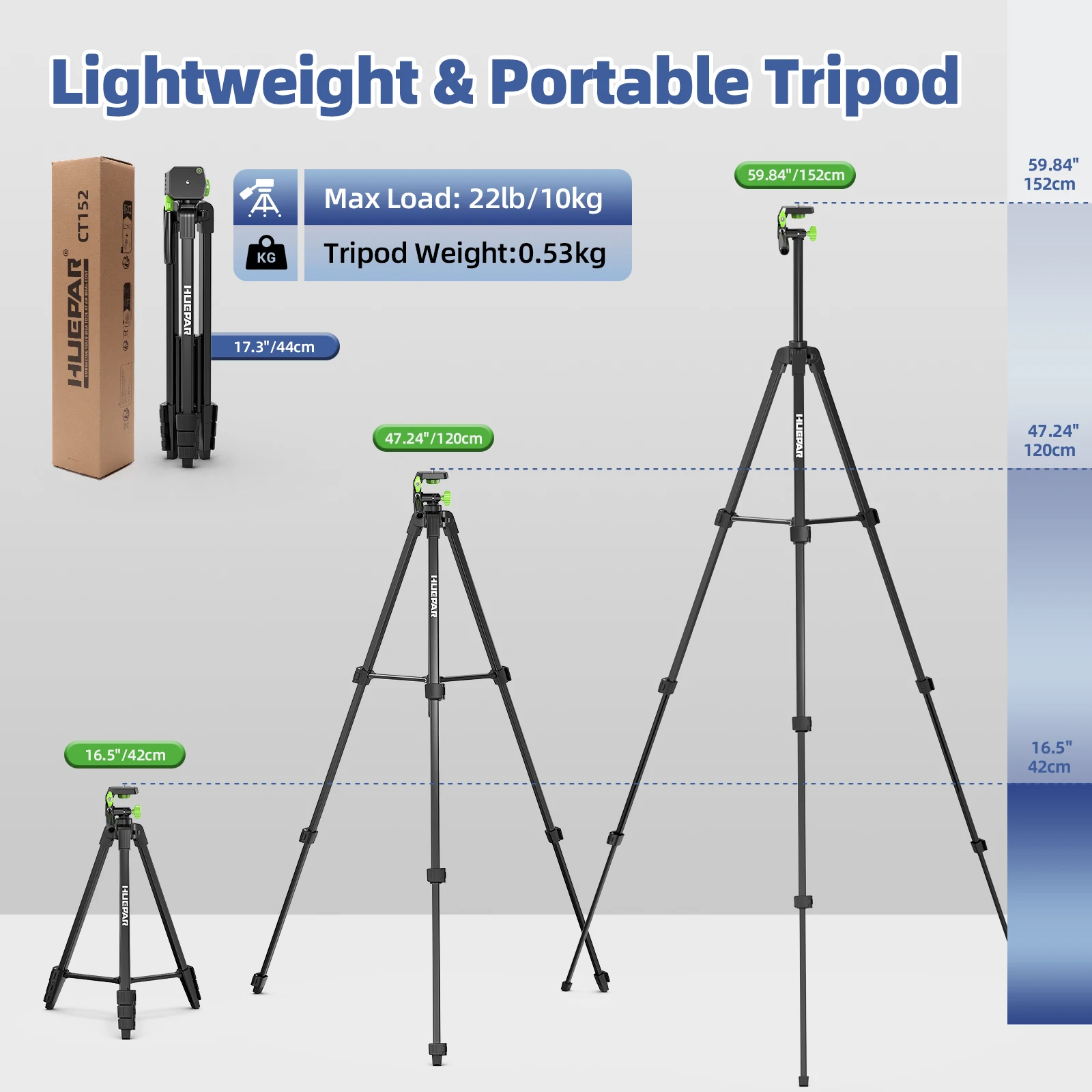 ﻿ Huepar 1.52M Adjustable Laser Level Tripod Multi-function Rangefinder Travel Camera Tripod 3-Way Swivel Pan Head 360° & Bubble