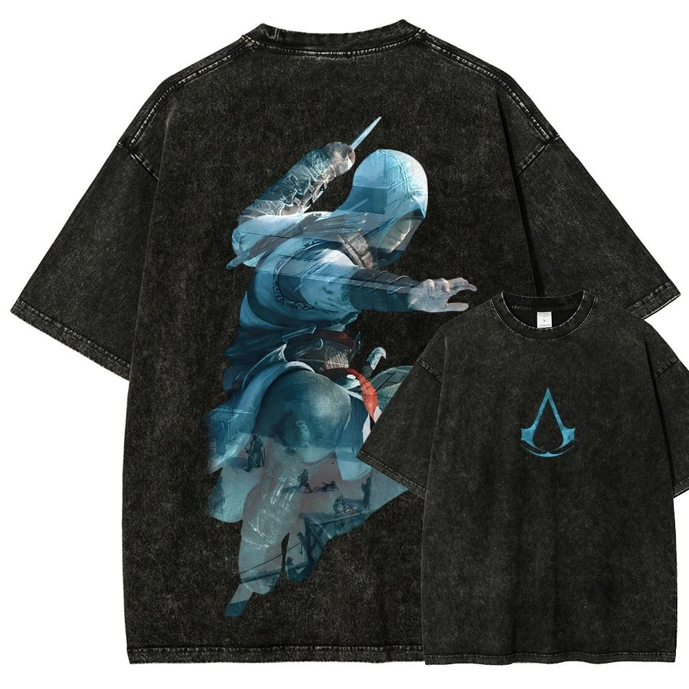 Best Assassin's Creed Sergio Red and White Assassin Emblem Double-sided Washed Made Old Short Sleeve T-shirt Loose Cotton