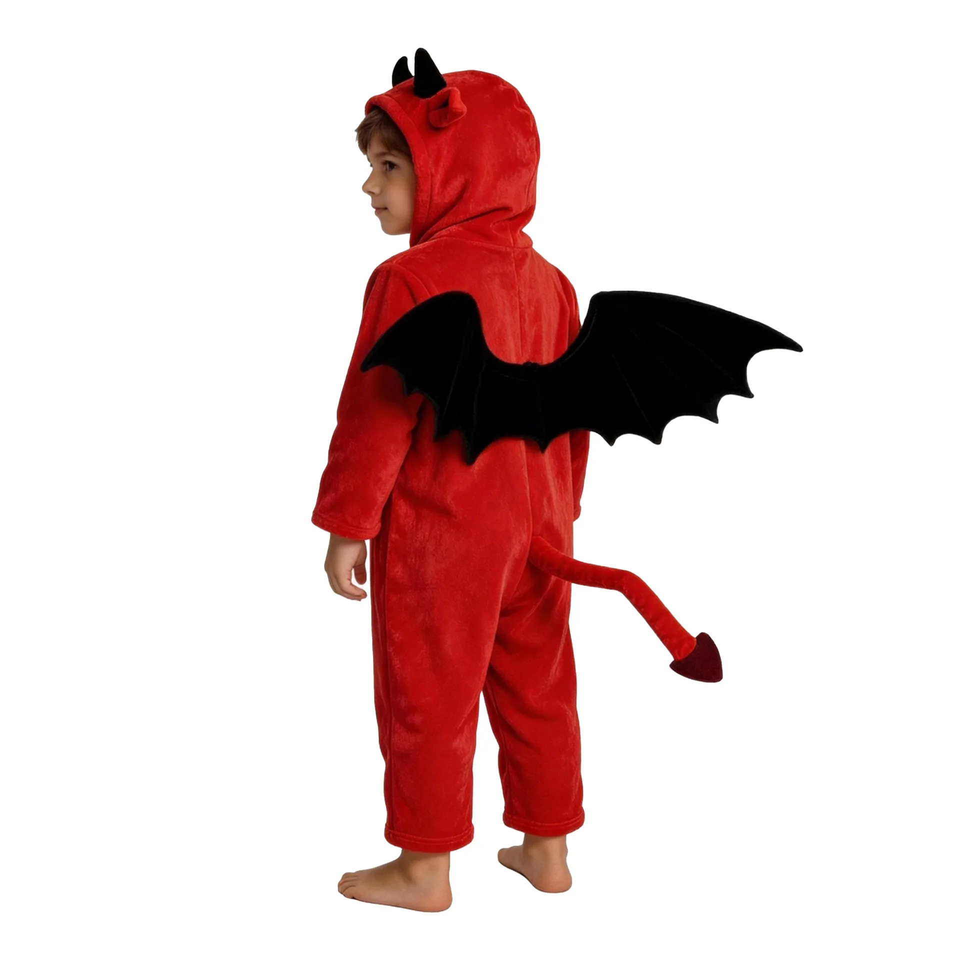 Kids Red Devil Onesie Costume with Horns Wings Tail Boys Halloween Cosplay Outfit Pajamas Children Monster Jumpsuit view 4