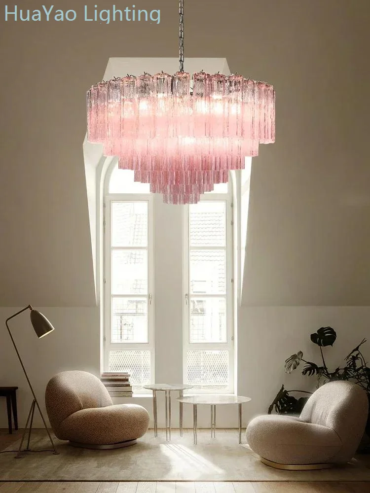 Italian Designer Vintage Texture Glass Ceiling Chandeliers Transparent Pink Home Decoration Hanging Lamps for Living Room Lustre