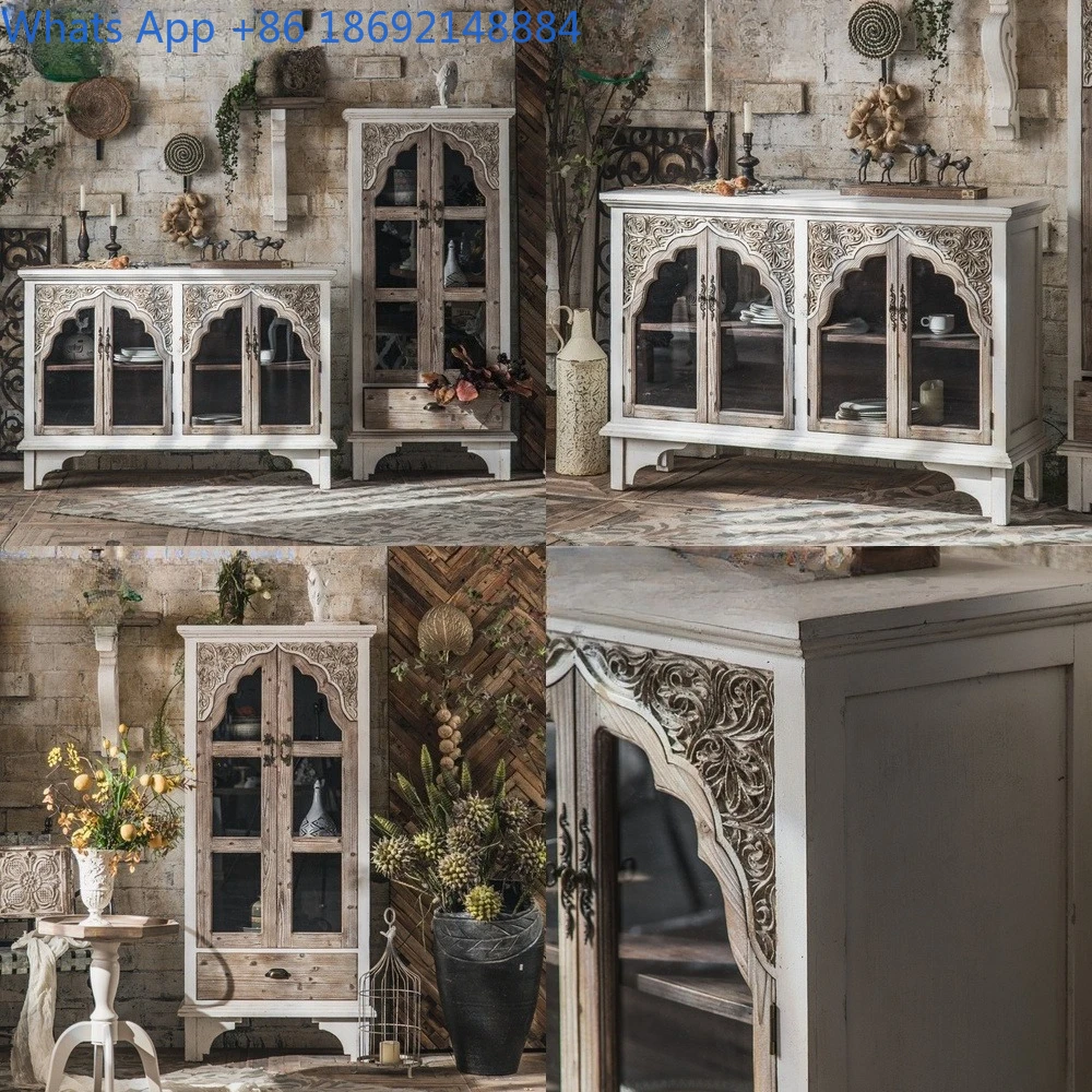 

Distressed Glass Cabinet for Kitchen or Living Room Decor with Wooden Frame and Storage Shelves Perfect for Home Use