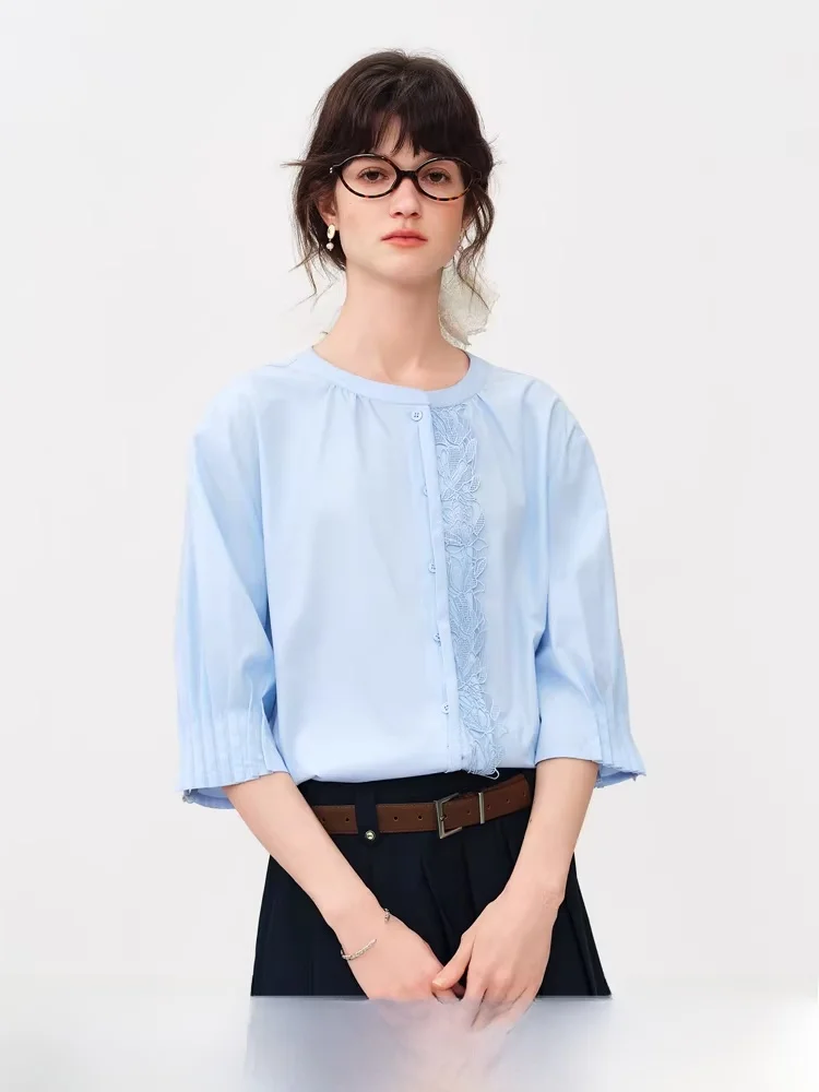 

Vivian Fani round Ne Loose Commuter irt Women's Summer New Lace Flower Top Seven Sve Polyester Fiber