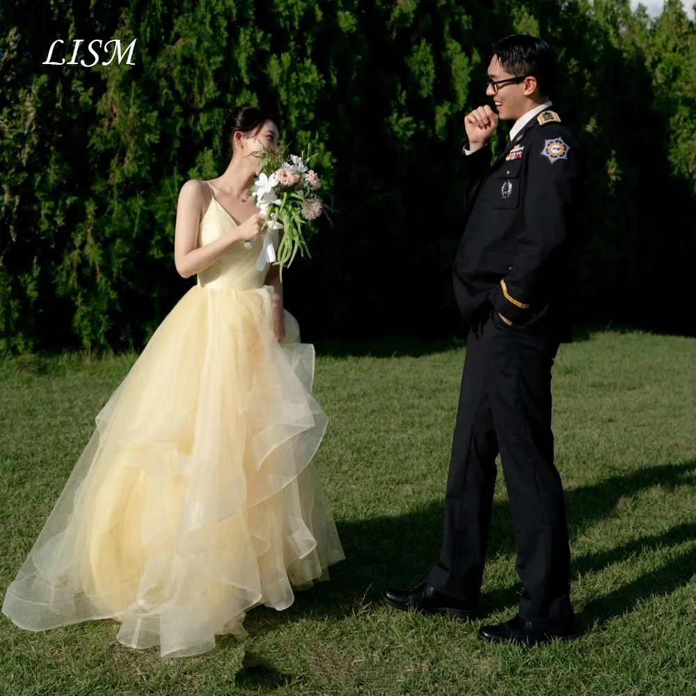 

LISM Sweetheart Tiered Yellow Korea Evening Dresses Princess A-Line Silk Tulle Customized Photo Shoot Prom Gowns 웨딩드레스