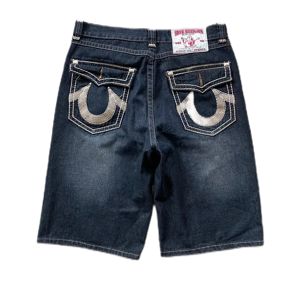 Harajuku Religious Faith Denim Shorts Bordados, Hip-Hop Retro, Gótico, Rua, Gótico, Calças 5 Point, Novo, Verão, Y2K, 2024