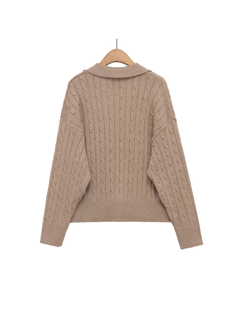 European style new women's fashion versatile temperament solid color eight-strand braided POLO collar sweater