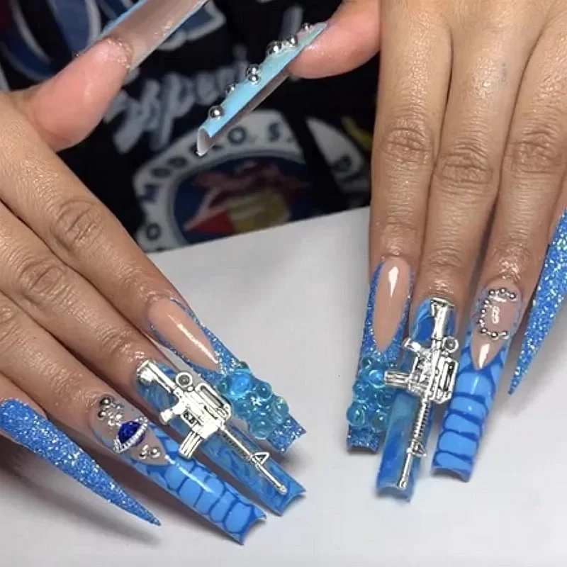 

10PCS Handmade XXXL Blue Press On Nails Y2K Luxury 5CM Long Square Stiletto False Nail Tips Reusable Fake Nail Stickers Supplies
