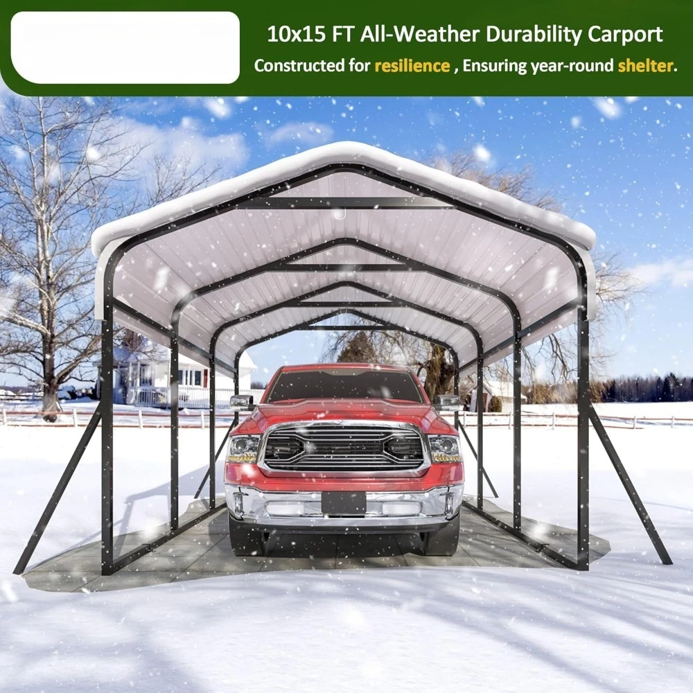 مظلة سجاد شديدة التحمل مقاس 10 × 15 قدمًا، مع هيكل إطار محدث وسقف فولاذي مجلفن وقاعدة محسنة، جراج مرآب معدني #3