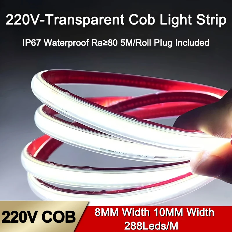 5M/Roll Self-Adhesive IP67 Waterproof 288leds/m 8mm 10mm 220V Flexible Cuttable Cob Led Strip Light