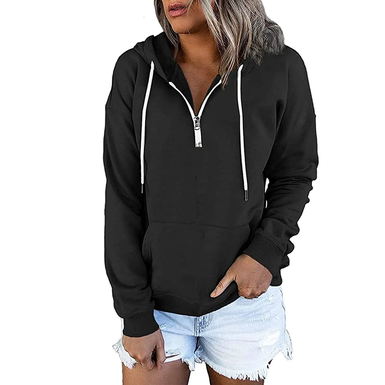 Pullover For Women\'s Button Down Hoodies Drawstring Hooded Pocket Casual Long Sleeve V Neck Sweatshirts Tops Sudadera Mujer