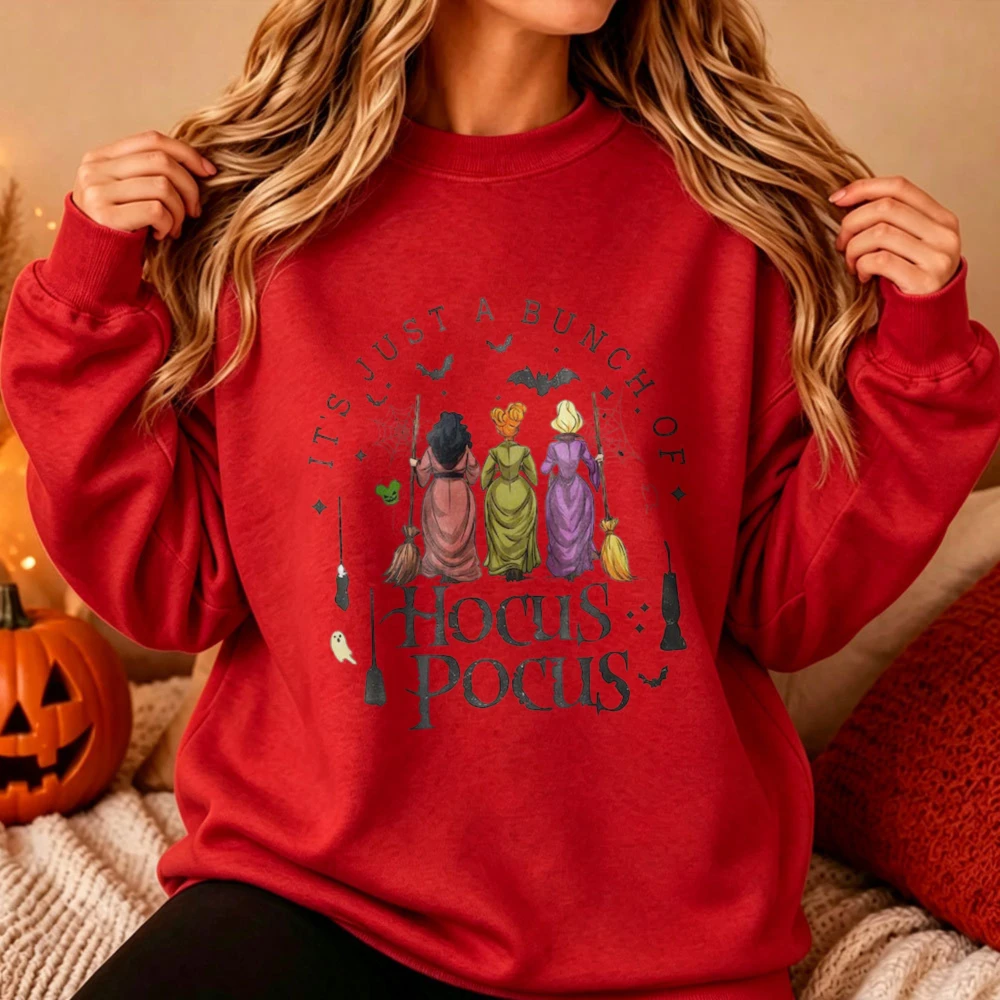 Hocus Pocus Sanderson Sisters Pullover It's Just A Bunch of Hocus Pocus Witch Broom Bat Ghost Halloween Print Casual Fall Tops
