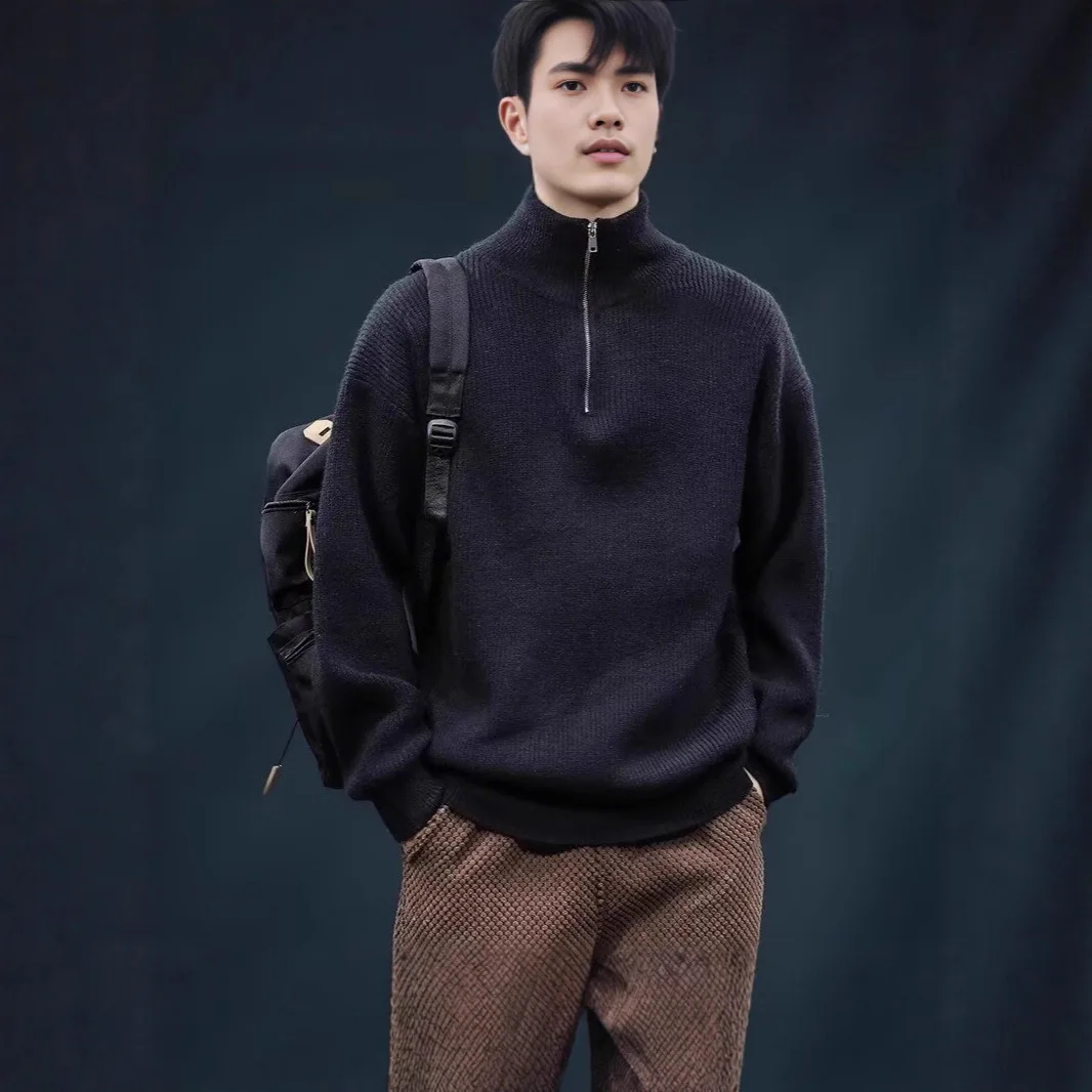 

Мужской свитер с короткой молнией, осенне-зимний, однотонный, для ношения под одеждой, премиум-класса, повседневный свободный крой, универсальный трикотажный.