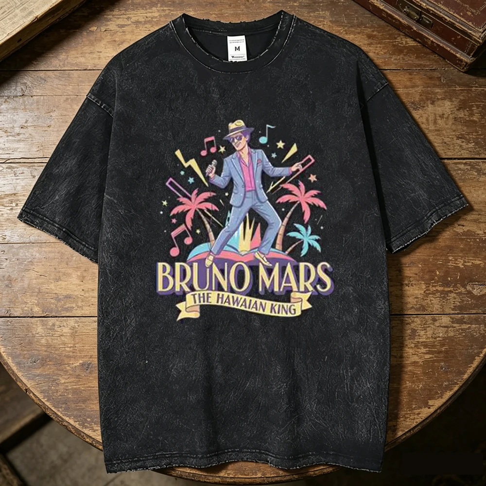 Bruno Mars Vintage Washed cotton t shirt men 80s streetwear Retro anime shirt University Graphic Pastel Grunge women Punk