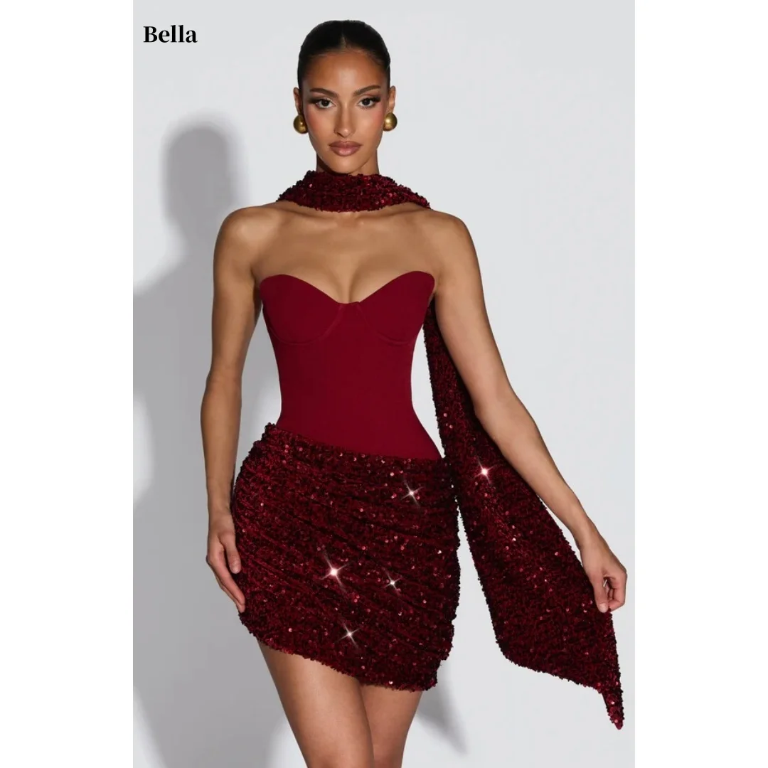 

Bella Customized Burgundy Halter Sweetheart Strapless Prom Dress Sequin Ruched Slim Mini Party Dresses Scarf Accent Formal 2025