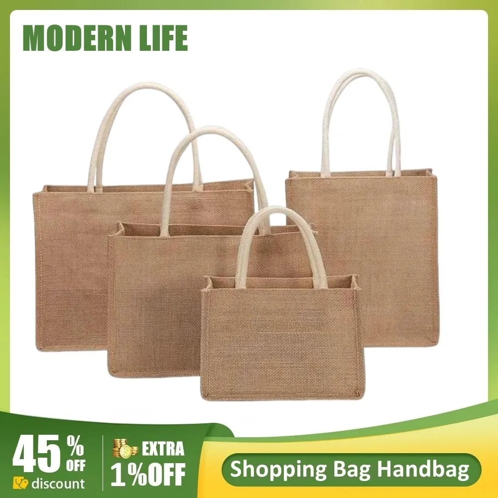 Burlap Tote Bags Women Linen Tote Shopper Purses Large Summer Beach Handbags Portable Eco Top Handle Shopping Bag Multiple Sizes