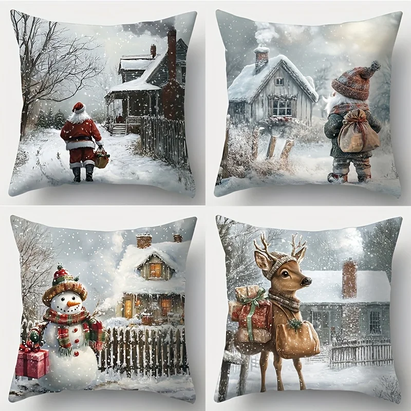 Christmas Scene Pillows Santa Snowman Deer Cottage Polyester pillowcase, sofa decorative cushion cov Headboard Pillow