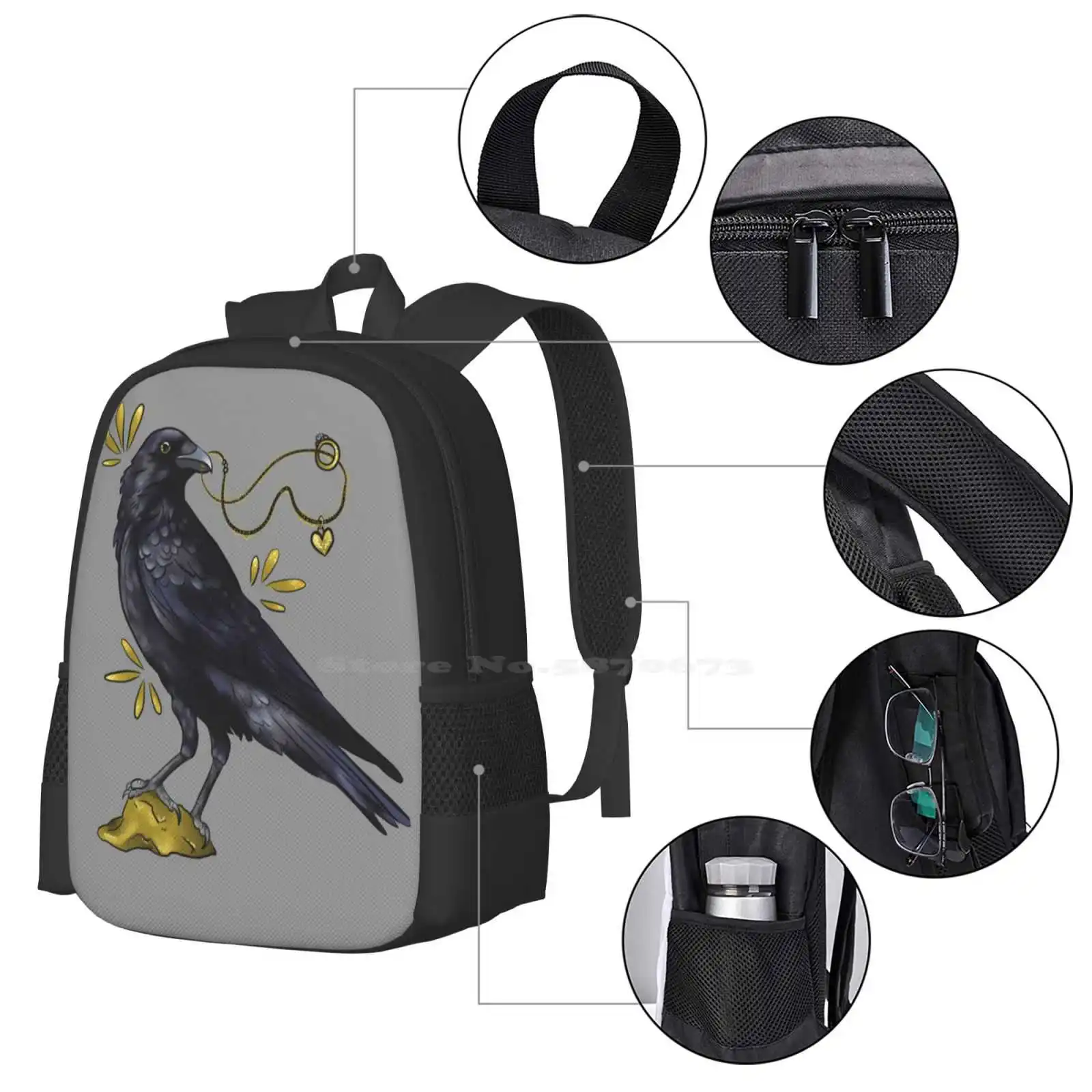 Crow With Golden Eye Large Capacity School Backpack Laptop Bags Crow Jewelry Golden Jewels Locket Nature Bird Wieskunde Dutch