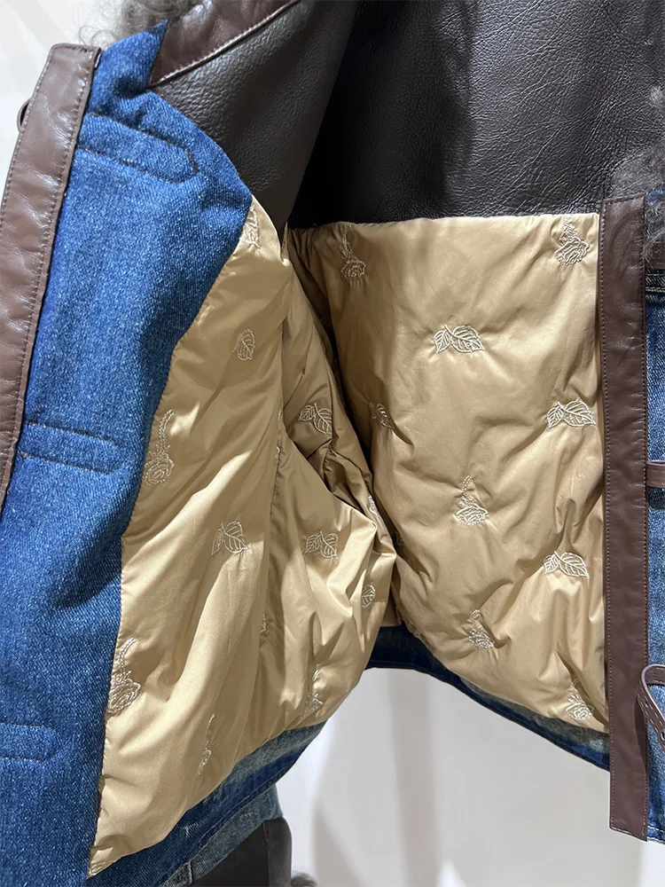 秋冬新作 レディース ホワイトグースダウンコート 天然本革ラムシープファー襟 アウター 高級女性用デニム パフジャケット