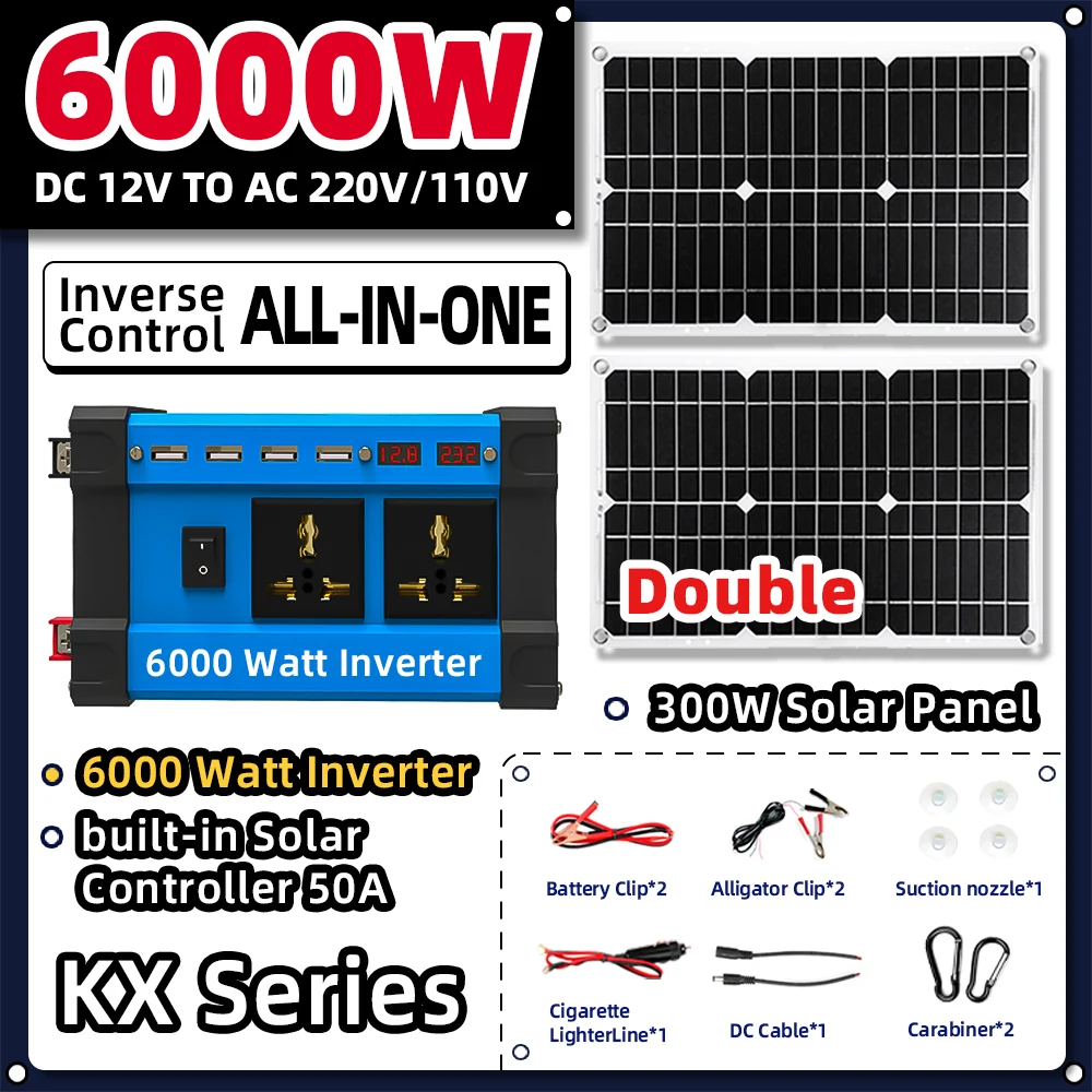 Camping Solar Kit Reverse Control All-in-one 6000w Inverter Solar Panel 12v To 110v/220v Solar Usb Power Generation System