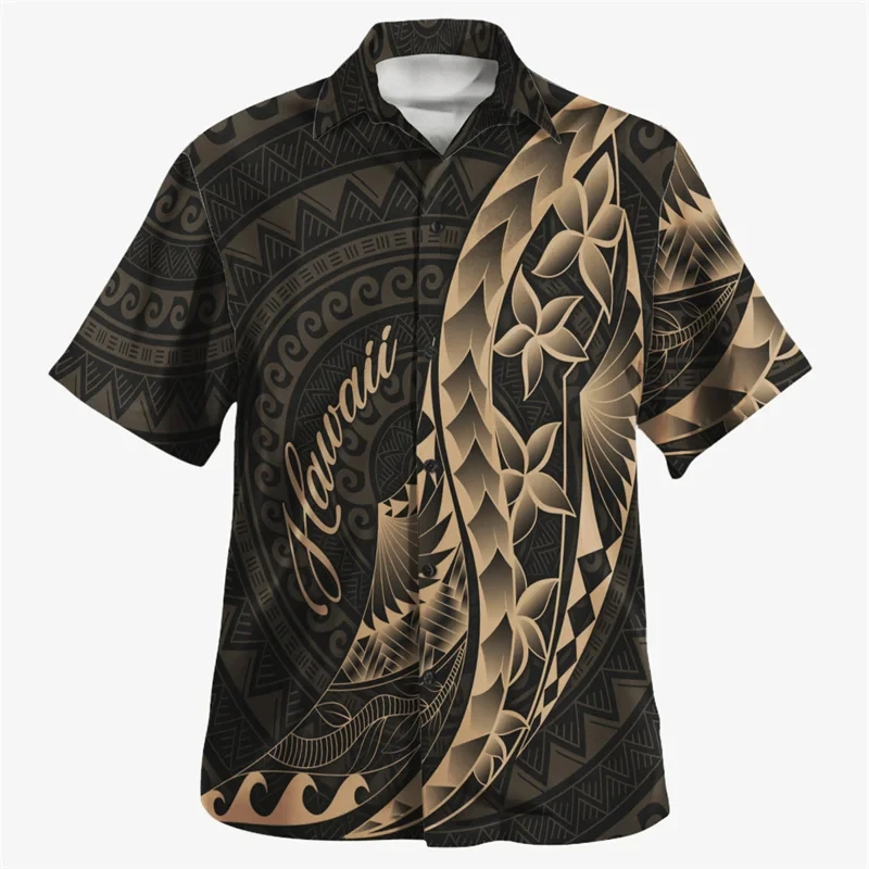 Camisas masculinas com estampa em 3D da Polinésia Havaiana, camisas de praia de manga curta, camisetas casuais, roupas masculinas