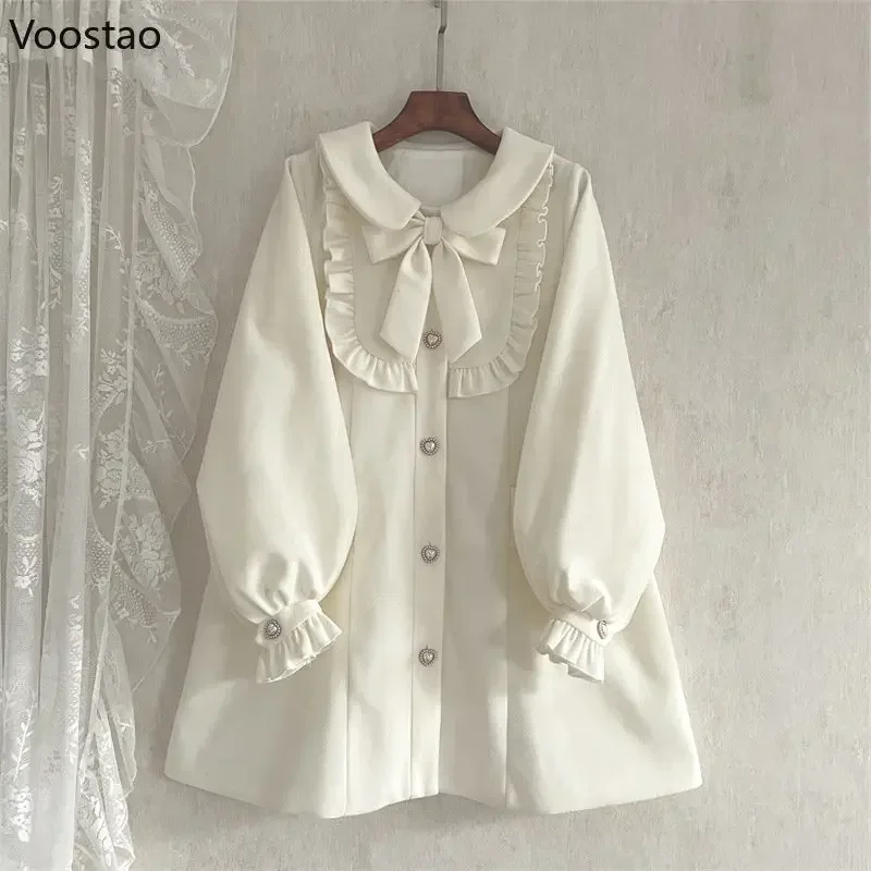 Autumn Japanese Sweet Lolita Style Woolen Coats Women Kawaii Bow Ruffles A-Line Loose Jackets Girly Harajuku Trend Outerwear