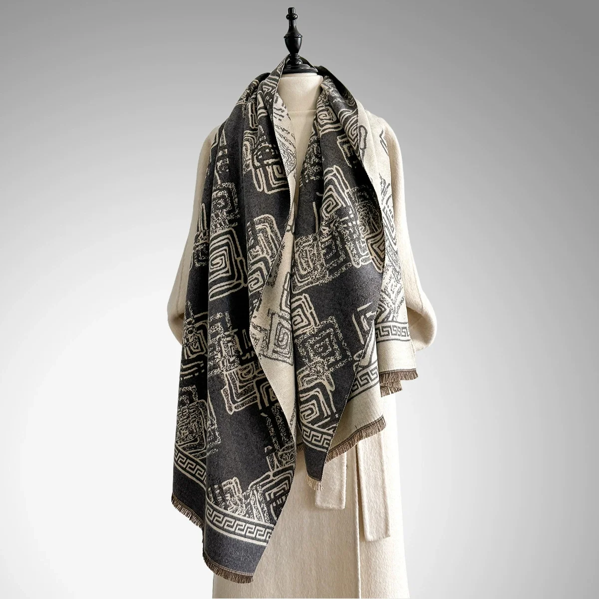 

2025 Women's Luxury Cashmere Winter Shawl - Striped with Tassels Pashmina Bandana Wrap