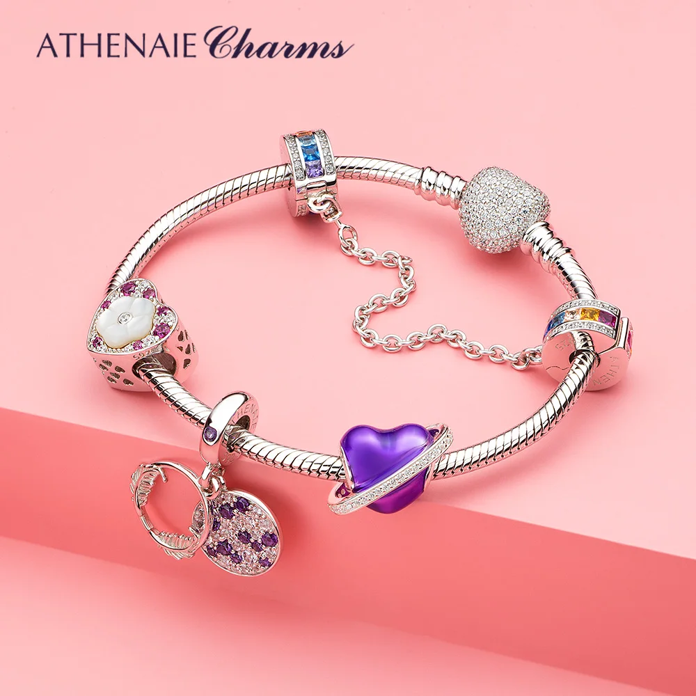 ATHENAIE 925 Sterling Silver Feather Pendant with Purple CZ Stone Fit European Bracelets for Perfect Gift Women Jewelry