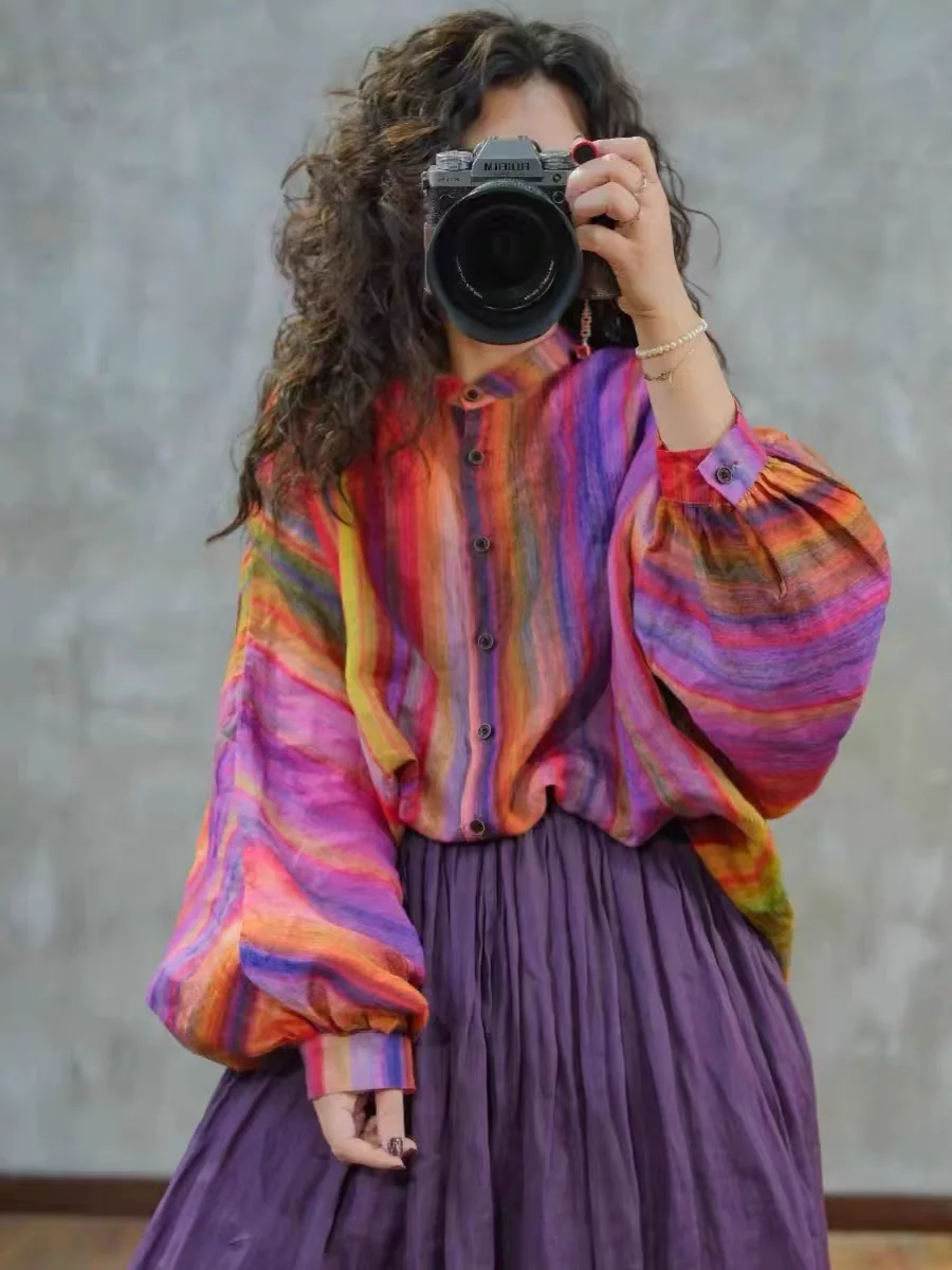 

Свободный крой в радужную полоску, женский круглый топ Ne Lantern Sve, антивозрастной моющийся весенне-летний топ для женщин