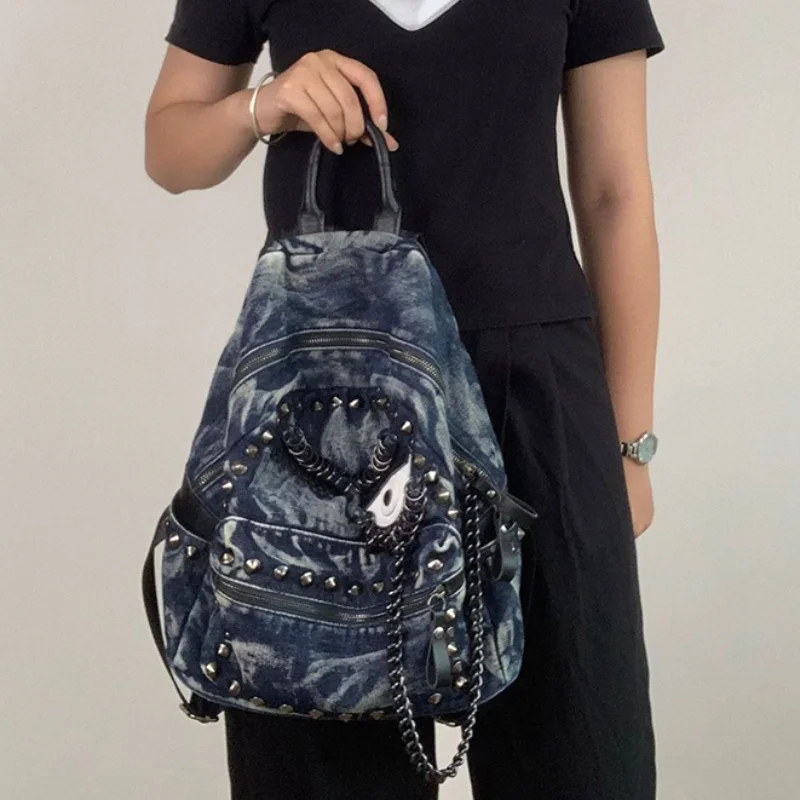 

Fashionable New Rivet Chain Bag Large Capacity Canvas Backpack Unique Single Eye Design Single Shoulder Schoolbag Niche Backpack