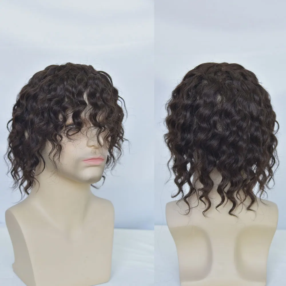 Perucas de cabelo humano encaracoladas para homens, castanho curto, renda cheia, top mono de renda, sem cola, onda profunda, moda