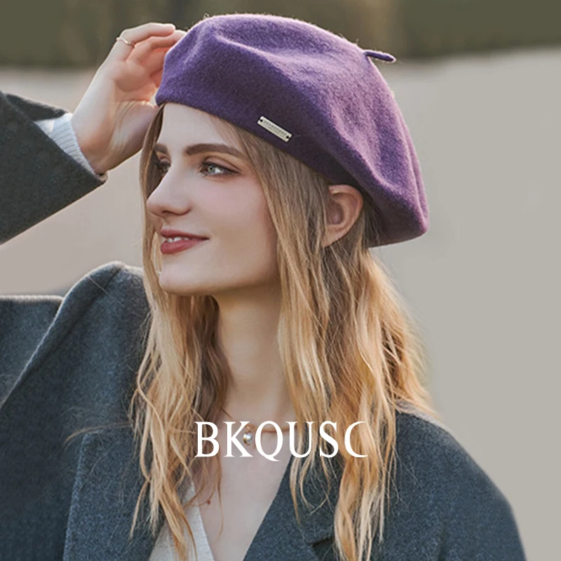 Women\'s Beret Purple Wool Hats 55-58cm Female Fashion Casual Wool Berets Winter Warm Solid Color French Artist Painter Hat